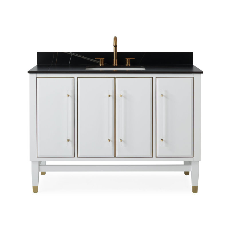 Tennant Brand 48 Inch Modern Freestanding White Bertone Bathroom Vanity, Single Sink, Black Sintered Stone Top, Fully Assembled