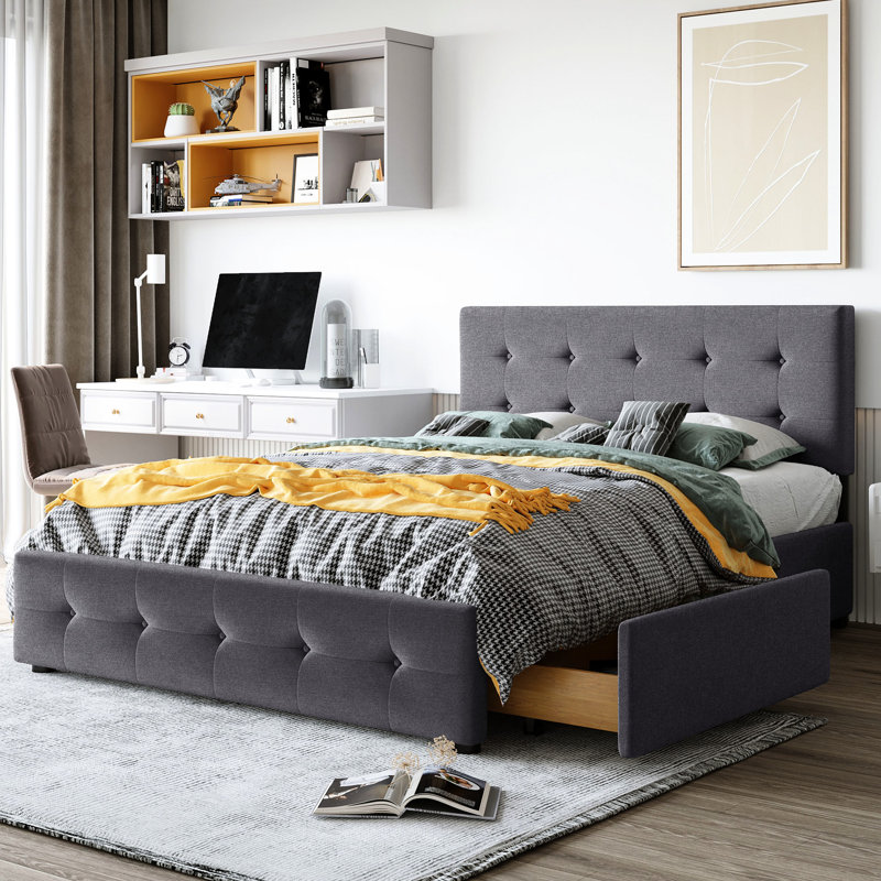 Upholstered Platform Bed In Dark Gray, Queen With 4 Drawers And Modern Headboard, No Box Spring, Linen, Wood Construction Gray Elegant Linen Fabric, Strong Frame
