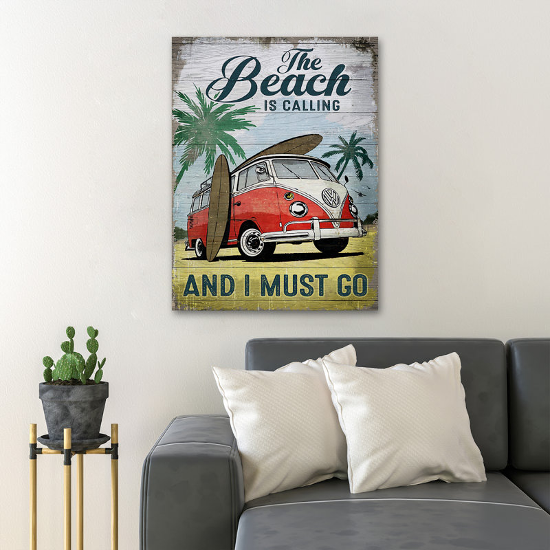 Beach Van - «The Beach Is Calling And I Must Go», toile tendue avec châssis - Illustration de plage, décor de salon vert