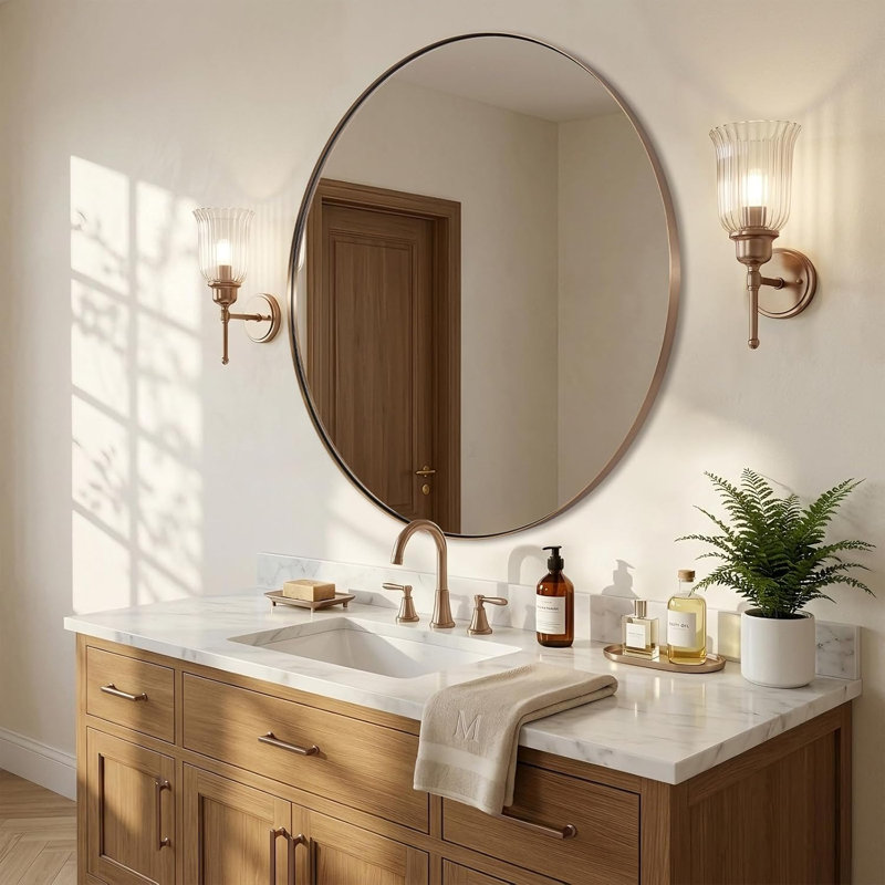 Miroir de salle de bain Kaitlee Cadre en acier inoxydable, 32 po x 32 po, Round, Champagne Bronze