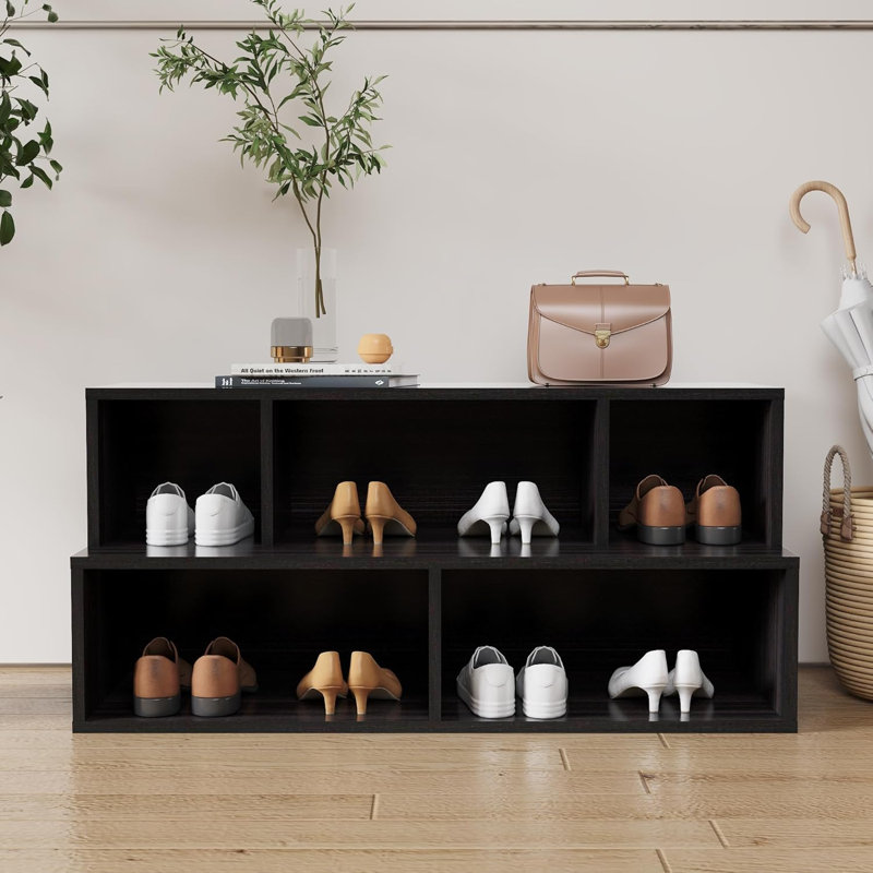 Shoe Rack Bench, Entryway Shoes Organizer With 5 Compartments, FSSR020, Obsidian Wood