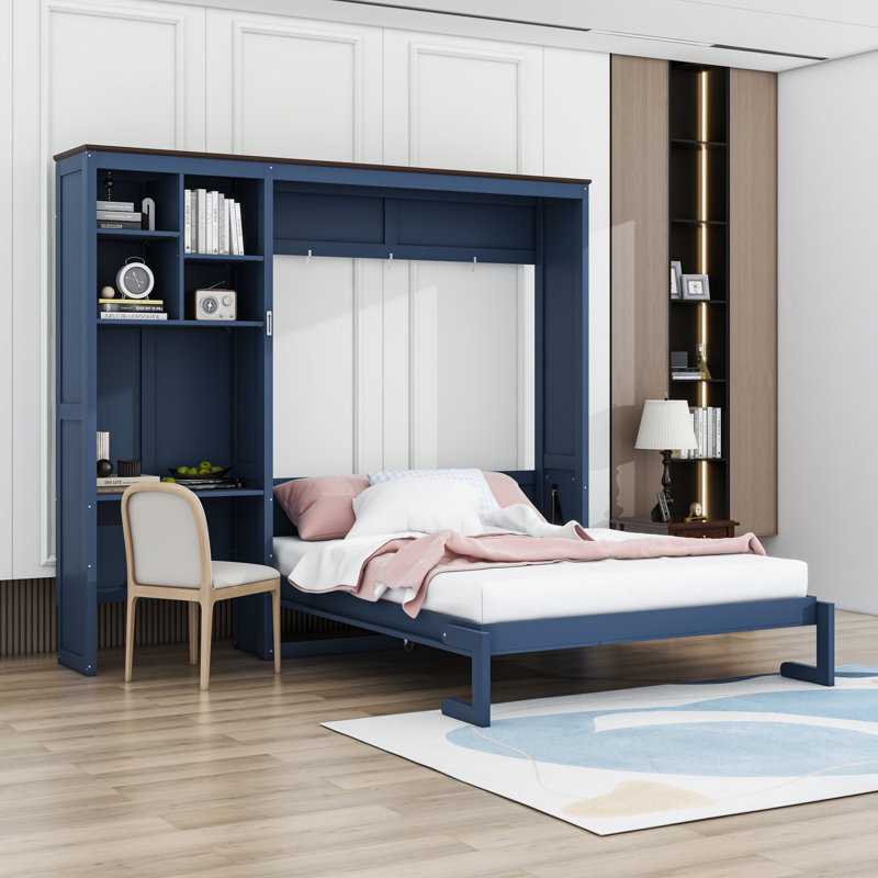 Grand lit escamotable peu encombrant avec bureau intégré et tablettes de rangement, Blue