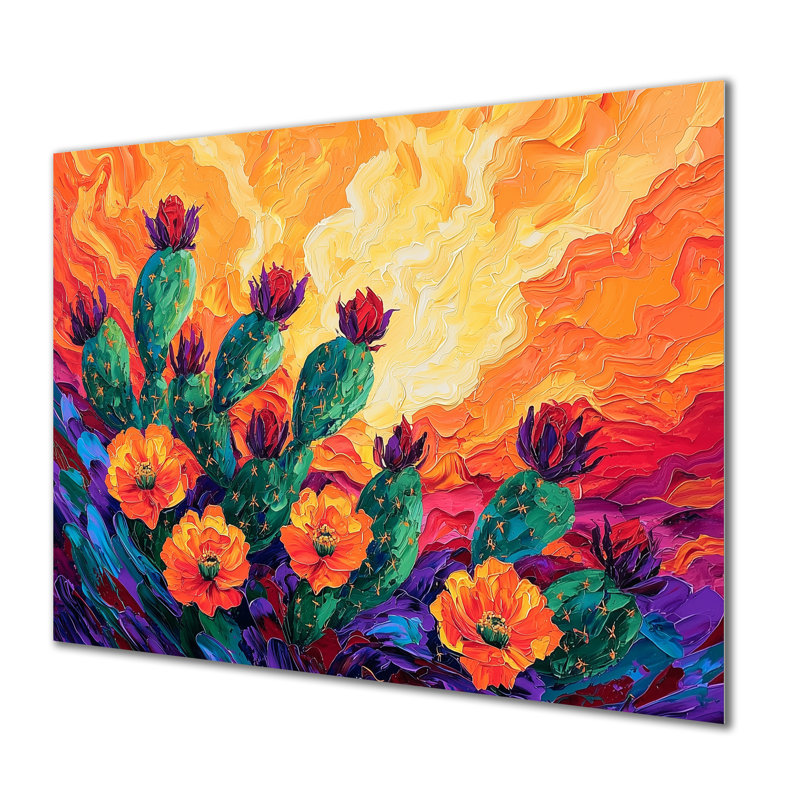 Prune poire cactus coucher de soleil - teintes florales en métal, impression florale de cactus en métal