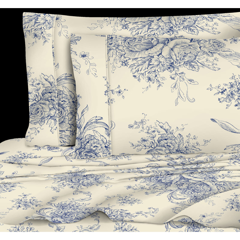 Benedictine 100% Cotton Toile Sheet Set, Navy, Full