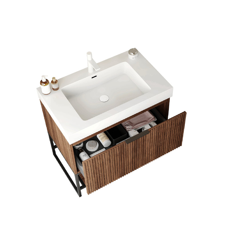 Meuble-lavabo de 36 po avec lavabo en céramique et meuble de rangement en rotin avec deux portes et un tiroir