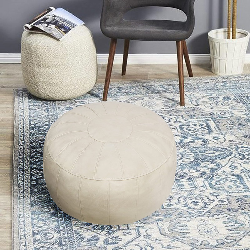 Izaiya Faux Leather Pouf, Ivory White Faux Leather