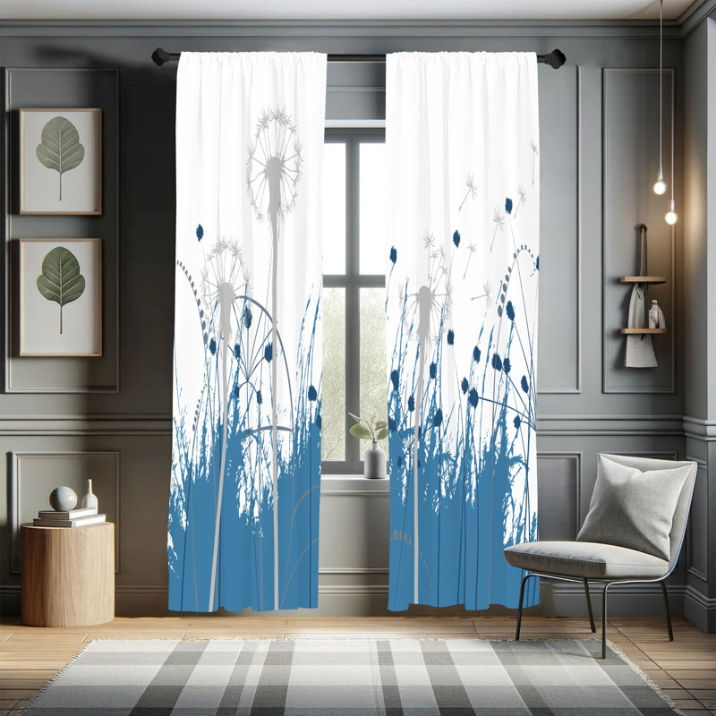  Spring Curtains, Floral Silhouette Dandelion, Dark Sky, 28" W x 63" L