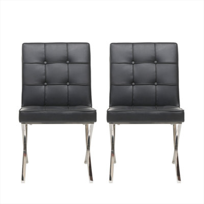 Upholstered Side Chair Set of 2, Classic Black Faux Leather with Tufted Seat and Stainless Steel X-Base, Modern Dining Seating for Kitchen or Dining Room