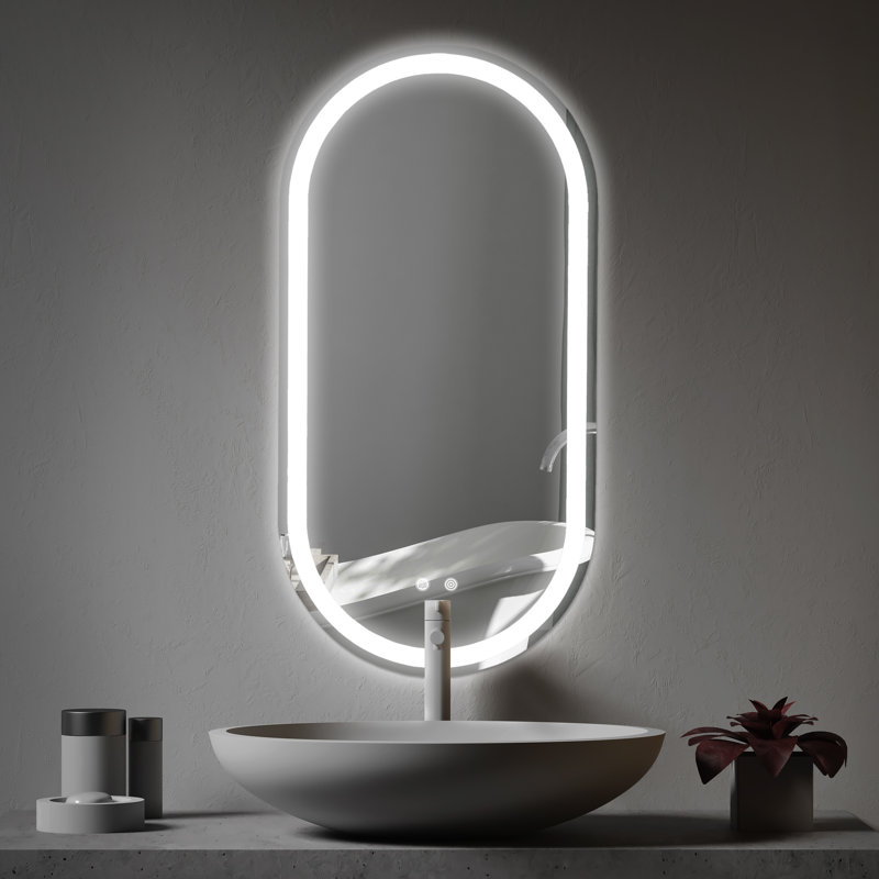 Dibbrun Frameless Lighted Bathroom Mirror, 16" x 32", Oval