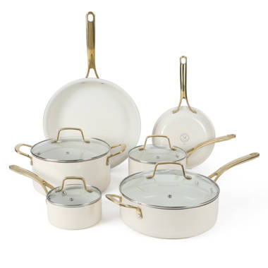 Caraway Non-Toxic and Non-Stick Cookware Set in White with Gold Handles