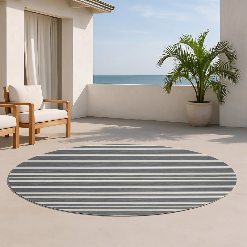 Tapis intérieur / extérieur gris HorizontalStripes, Rond 5 pi