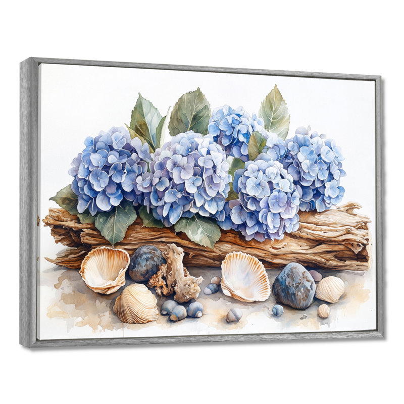 Domoni hortensias et bois flottant, H 30 po x l 40 po, Impression encadrée flottante, Argent argent