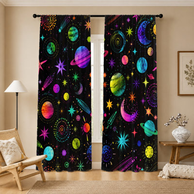 2Pcs Cosmic Galaxy Curtains, Light Filtering Fabric, Vibrant Planets and Stars Print, Sun Blocking Privacy Protection, Rod Pocket Design, for Teen Room, Bedroom, Living Home Decor