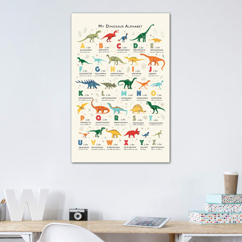 Dinosaur Alphabet - impression d'art graphique, Pas de tapis, Toile tendue, H 48 po x l 32 po x P 1,5 po