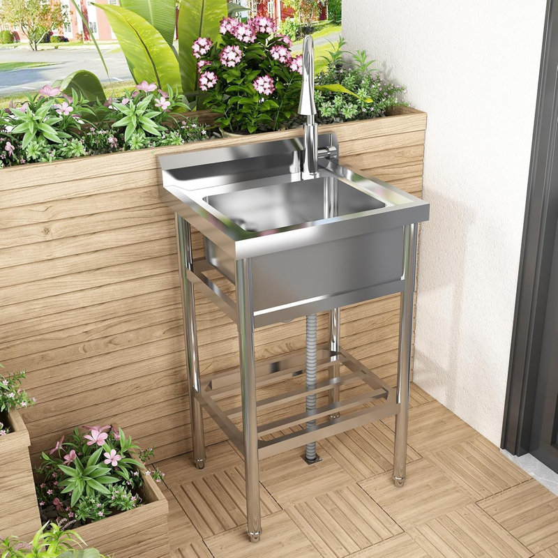 Évier de cuisine commercial 24 po x 20 po x 42 po, cuve simple autoportante avec robinet escamotable chaud et froid