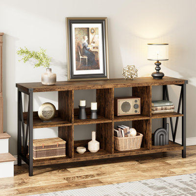 Organisateur de rangement à 3 niveaux à 8 cubes en bois, bibliothèque basse de 63 po de long pour l'entrée, le salon ou la chambre