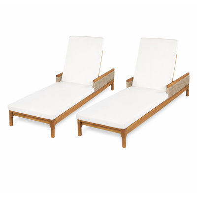 76.8" Solid Acacia Wood Sun Chaise Lounger Set of 2, Outdoor Patio Furniture with Beige Cushions and Light Grey Wicker for Garden, Deck, Poolside Relaxation,Natural +Beige Cushion