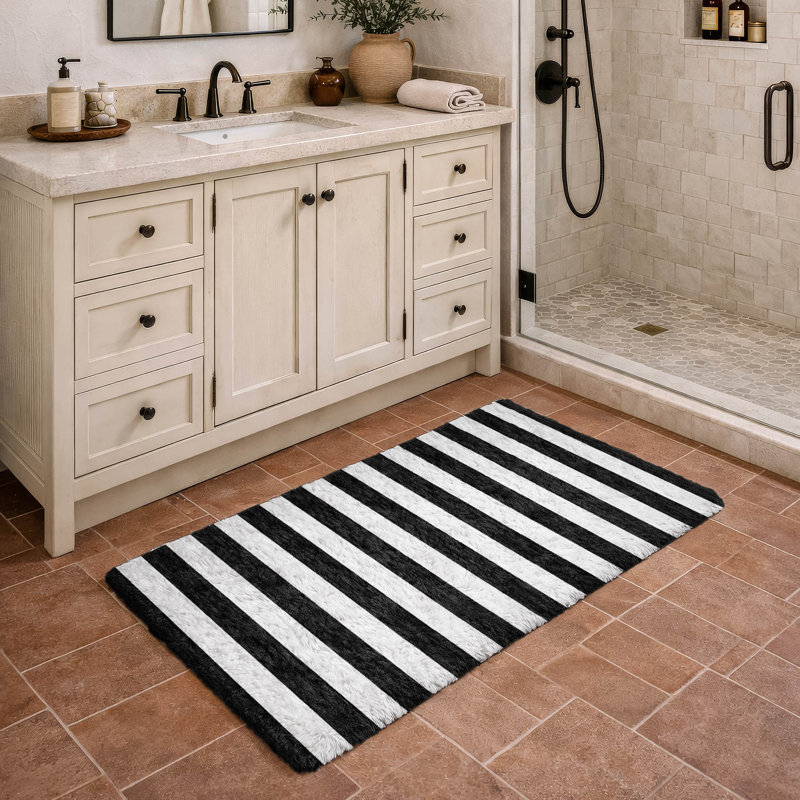 Premium Machine Washable Dream Shag ADS528 Striped Rug, 2'6" x 3'10", Black