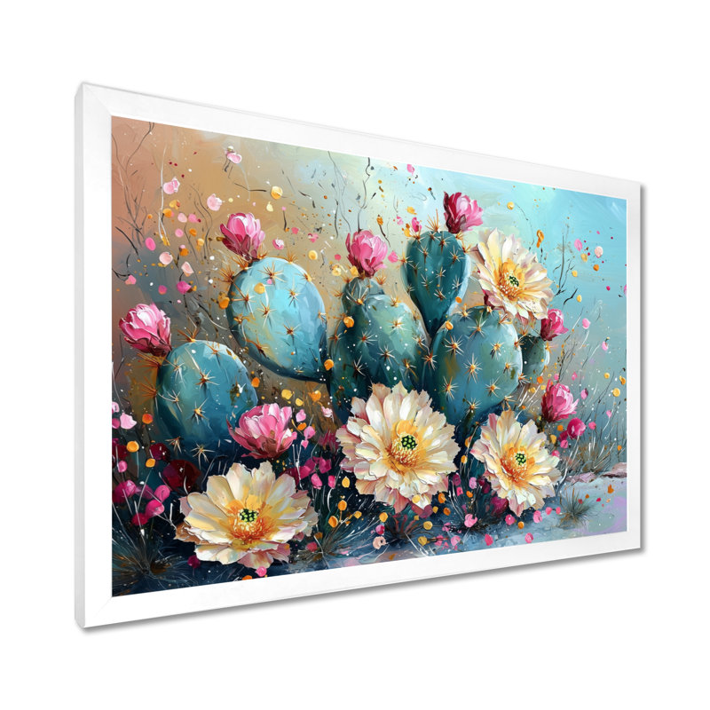 Cactus jaune et vert - Cactus, art mural, Cadre simple, H 12 po x l 20 po, Blanc