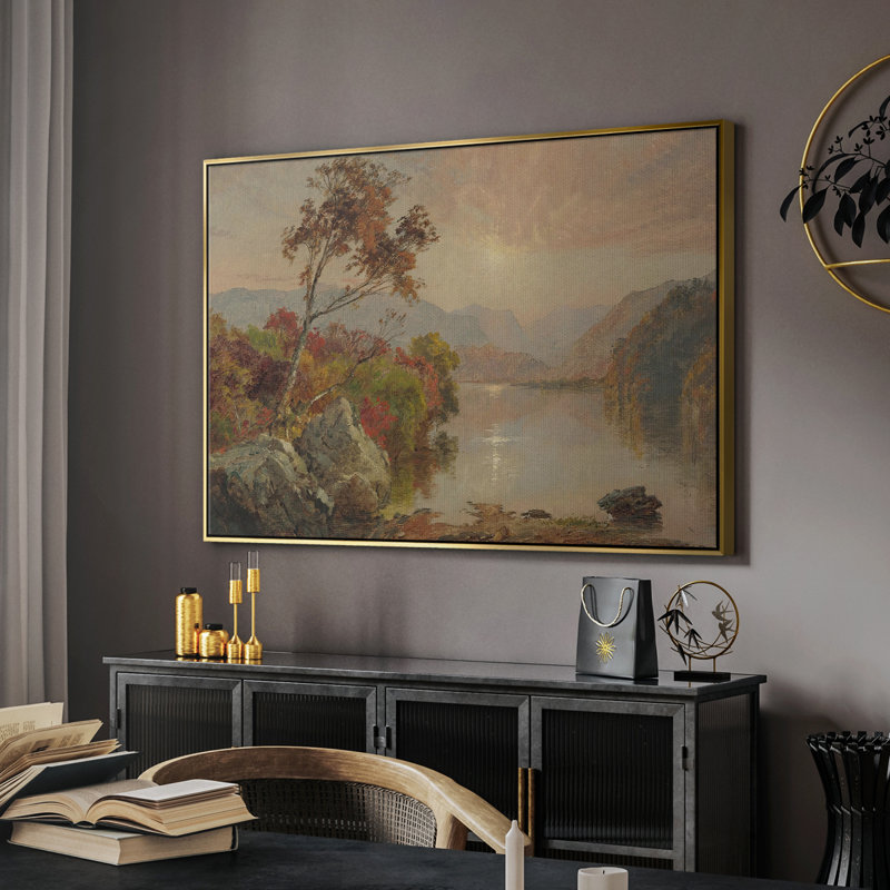 Paysage rétro - DCXII, Toile avec cadre flottant or, H 17 po x l 25 po x P 2 po
