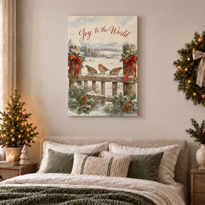 «Three Birds on Snowy Fence with Red Bows and Christmas», art mural sur toile