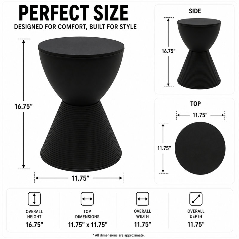 Durant Modern Hourglass Drum End Table with Removable Storage Lid, Indoor Outdoor Side Table & Small Patio Stool, No Assembly Lightweight Accent Table