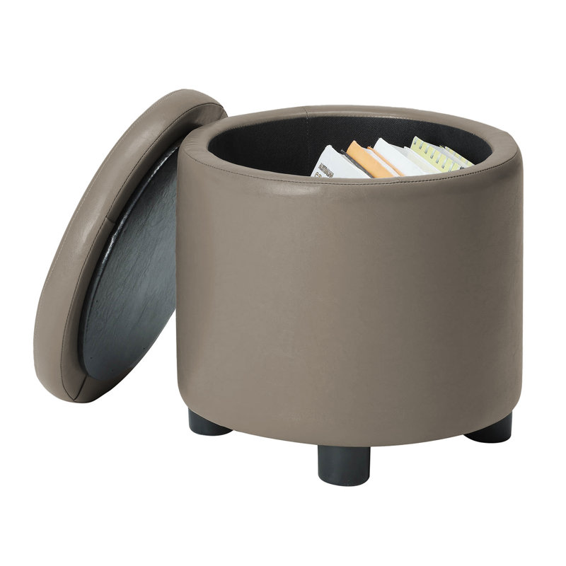 Ahl Arsy 15.75'' Wide Faux Leather Round Storage Ottoman with Reversible Tray Lid, Taupe Gray Faux Leather