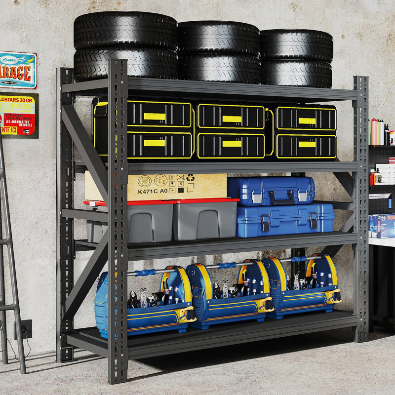 Étagère de garage robuste de 5000 lb, unité de rangement réglable en métal à 4 tablettes (H 63 po x l 67 po x P 23,7 po), capacité de 5 000 lb de rayonnage industriel pour l'entrepôt, noir