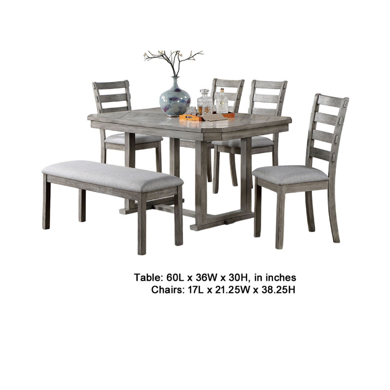Ensemble de table de salle à manger 6 pièces Lais avec banc, 4 chaises à dossier échelle, gris rustique Lais