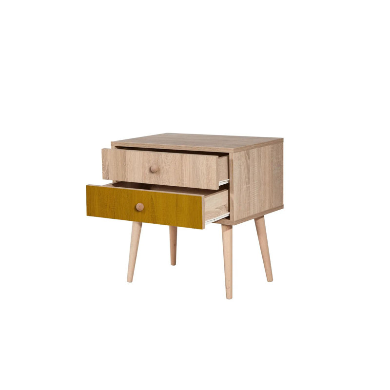 Modern Scandinavian Nightstand with Wooden Legs, 23.6 x 24.0 x 15.7 inches | 100% Melamine Coated Particle Board, UV Digital Printing | Features Multiple Shelves & Wall-Mountable Design for Extra Storage