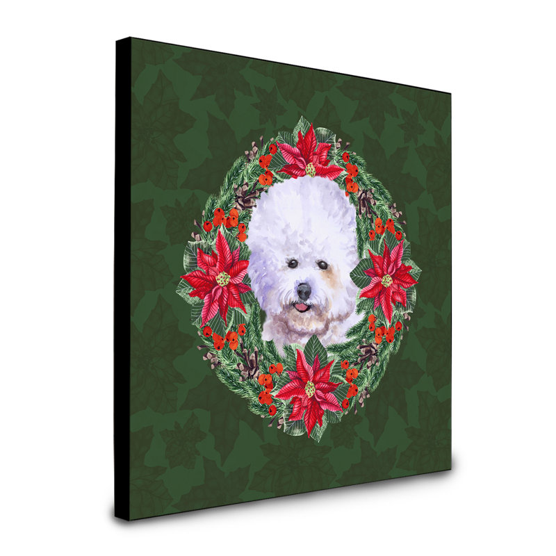 Panneau mural d’art à couronne poinsetta Fabrienne, Bichon frisé blanc