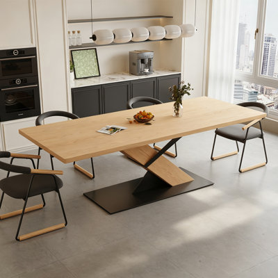 Burlywood+Black Rectangular Solid Wood+Steel Plate Dining Table