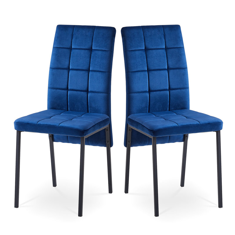 2 pièces, chaise de salle à manger moderne en velours bleu foncé, dossier haut avec pieds noirs, siège à structure ergonomique nordique, 2 chaises, conception confortable nordique