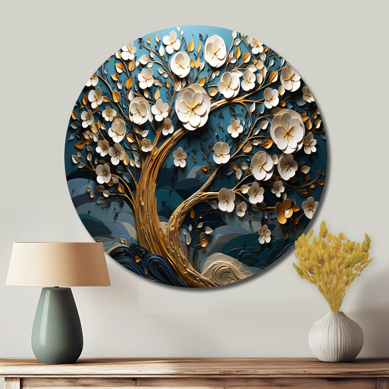 Orchidée bleue et blanche dorée de branches VI - Paysages d'art rond en métal, H 16 po x l 16 po