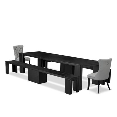 5-piece Dining Table Set Rectangular Kitchen Table, 2 wooden Benches, and 2 Light Gray Polyester fabric Dining Room Chairs, Wire Brushed Black Finish.