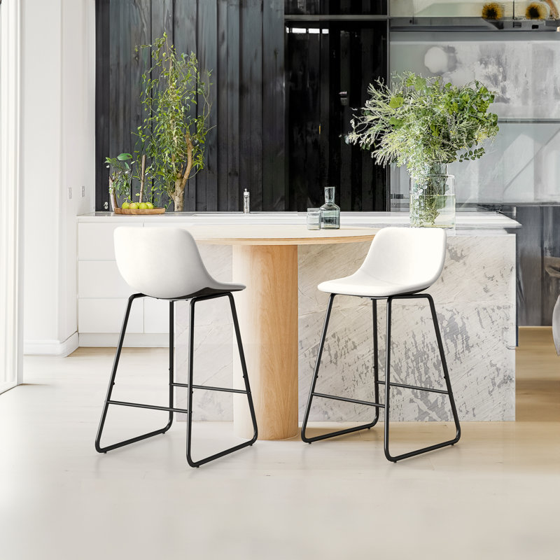 Aiyana Faux Leather Counter Stool with Steel Sled Base, Counter Stool (26” Seat Height), White