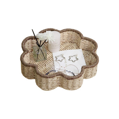 Plateau festonné en corde de papier, plateaux en osier pour la décoration, paniers peu profonds pour le rangement, plateau en rotin pour l'organisation de la table basse / salon / chambre à coucher (beige et brun)