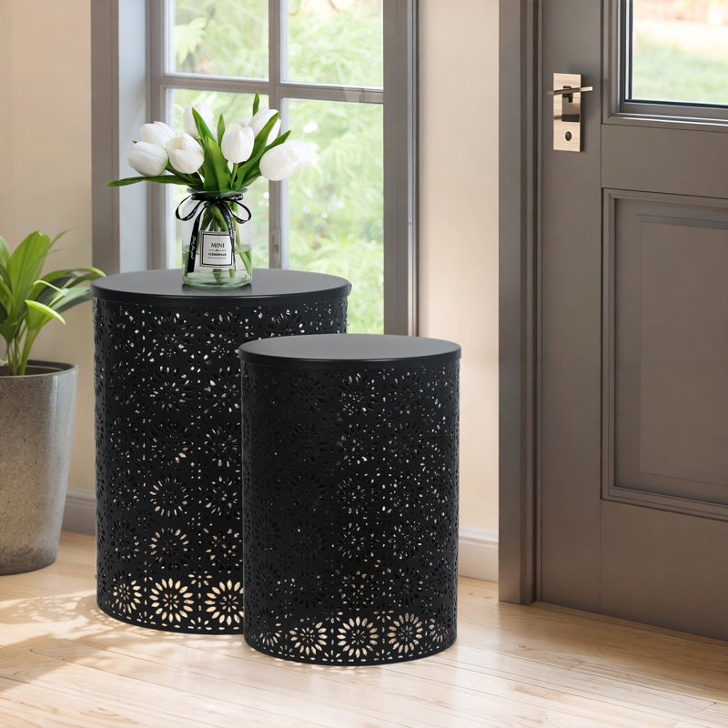 Set Of 2 Hollow-Carved Round Metal End Tables, Black