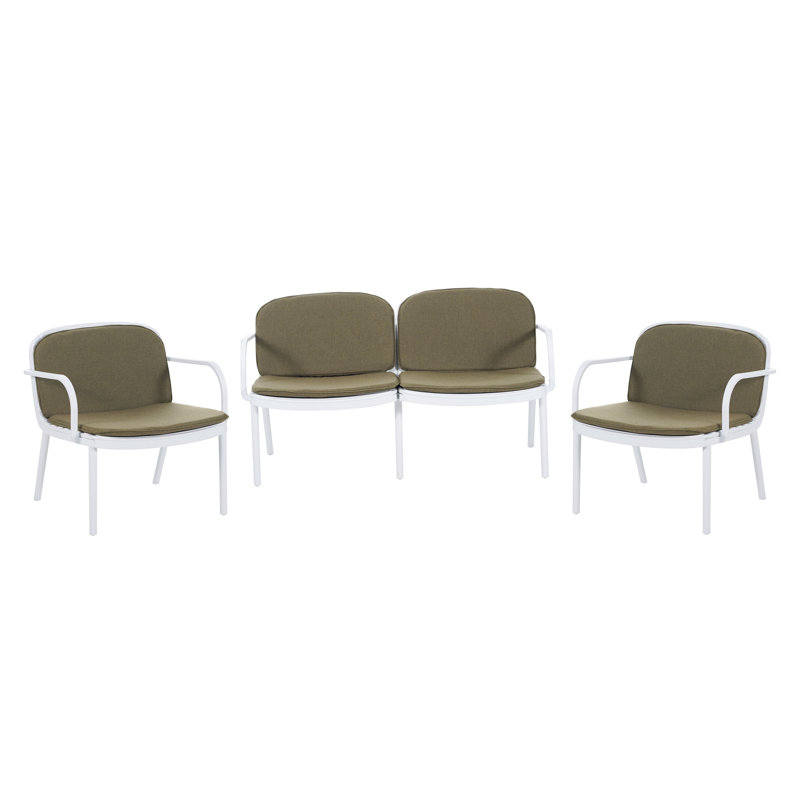 Ensemble de conversation d'extérieur 3 pièces avec coussins, structure blanche et tissu vert Luna