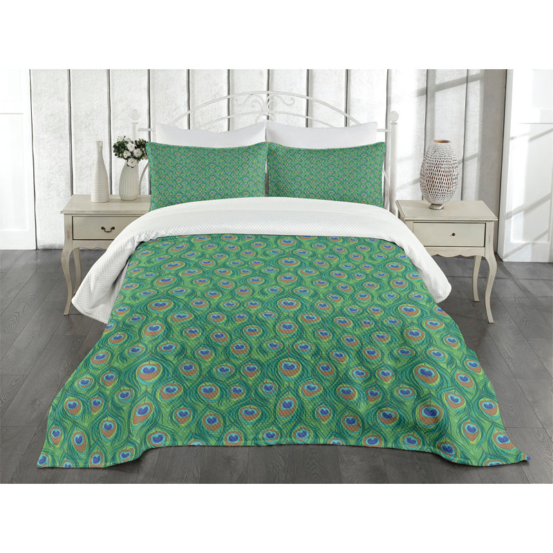 Adinath Green/Orange Microfibre Bedspread Set, 220 x 264 cm Bedspread - 2 Shams