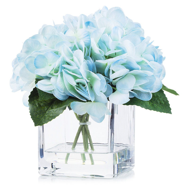 Artificial Hydrangea in Cube Glass Vase, Blue