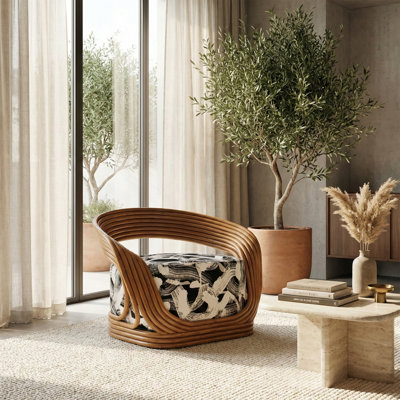 Eva Cane Lounge Chair with Greige Black Woven Upholstery