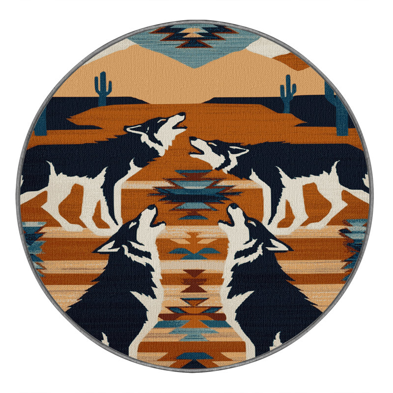  Tapis lavable inspiré du loup du Sud-Ouest, Rond 7 pi