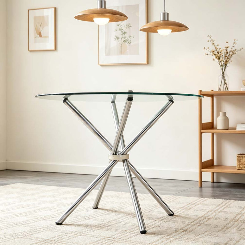 Round clear glass dining table, Silver