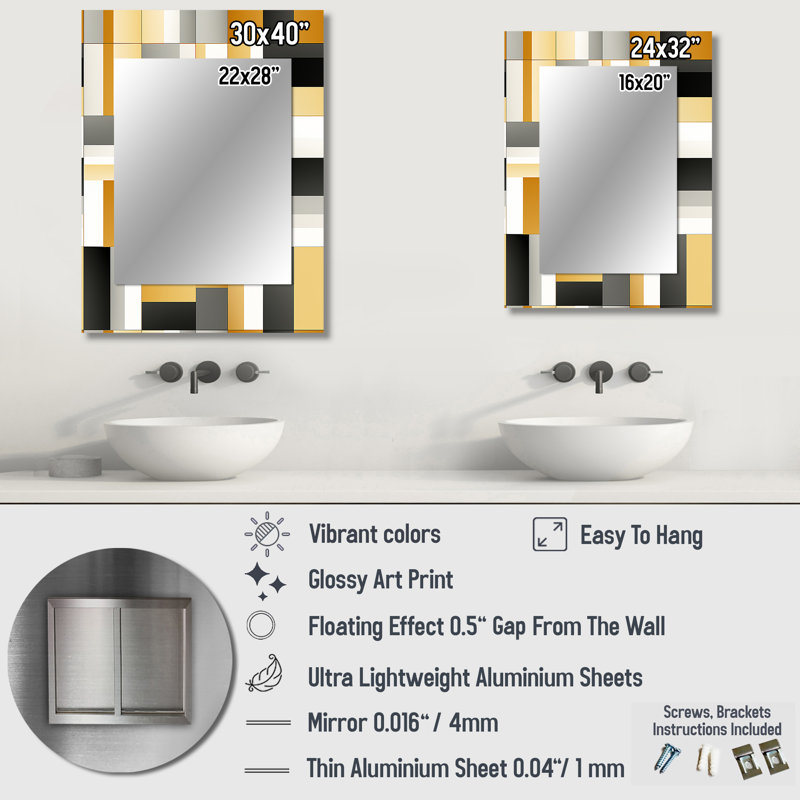 Heinrick Taupe Geometric Blocks Harmony - Geometric  Large Wall Mirror, Modern Unique Mirror, Printed Metal Art, 32" x 24"