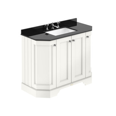 Bayswater 1000mm Pointing White Angled 4 Door Floor Standing Cabinet With 3 Tap Hole Basin With Black Marble Worktop