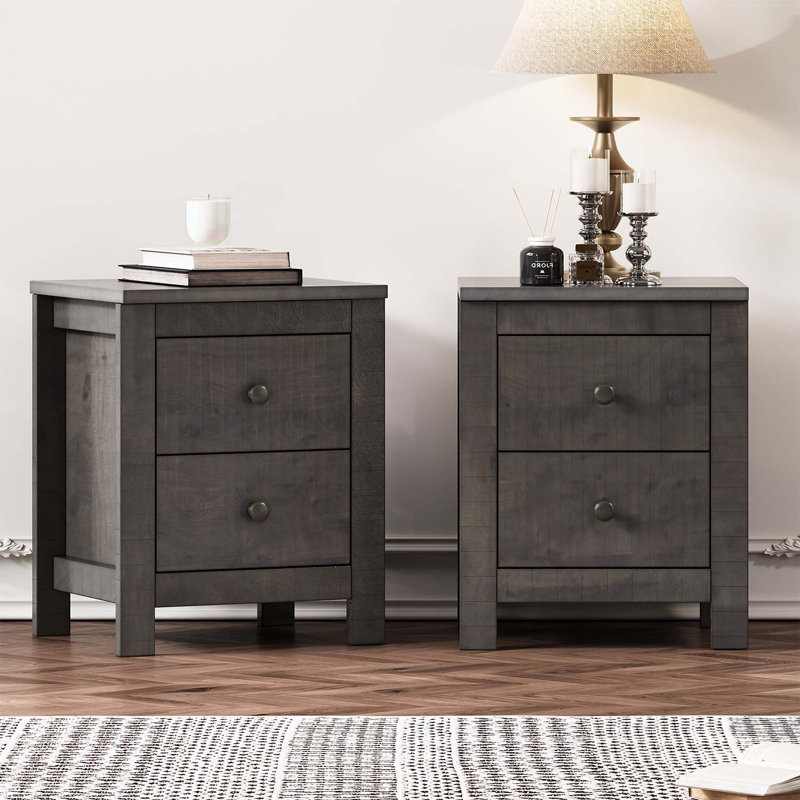 Wood Nightstand Set of 2 with Storage Cabinet for Bedroom, Antique Grey