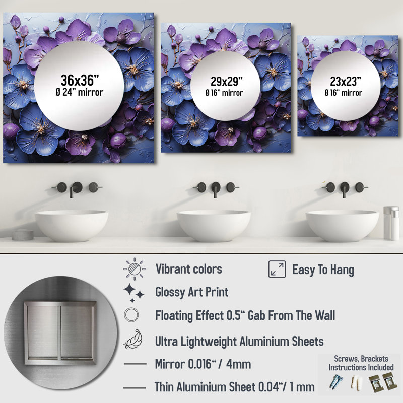 Gerven - Miroir mural pour chambre à coucher Violets, 29 po x 29 po