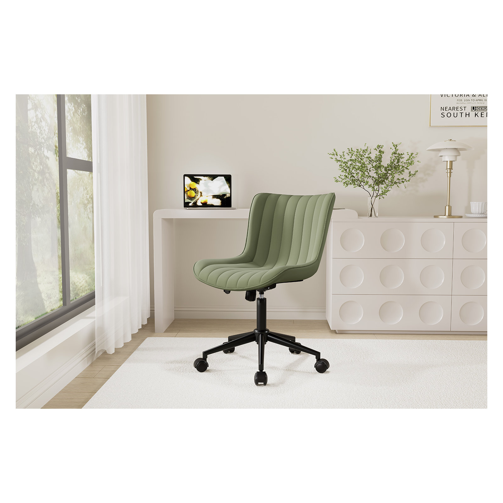Brionni Leather Swivel Task Chair with Casters, Bean Green Seat/ Black Frame