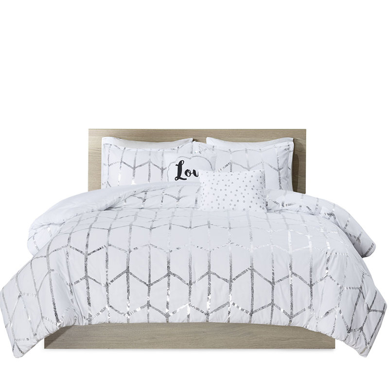 Lit simple / simple imprimé TG - édredon géométrique argenté sur blanc, 2 taies décoratives, coussins décoratifs, édredon facile d'entretien, blanc doux, microfibre douce, fer à vapeur